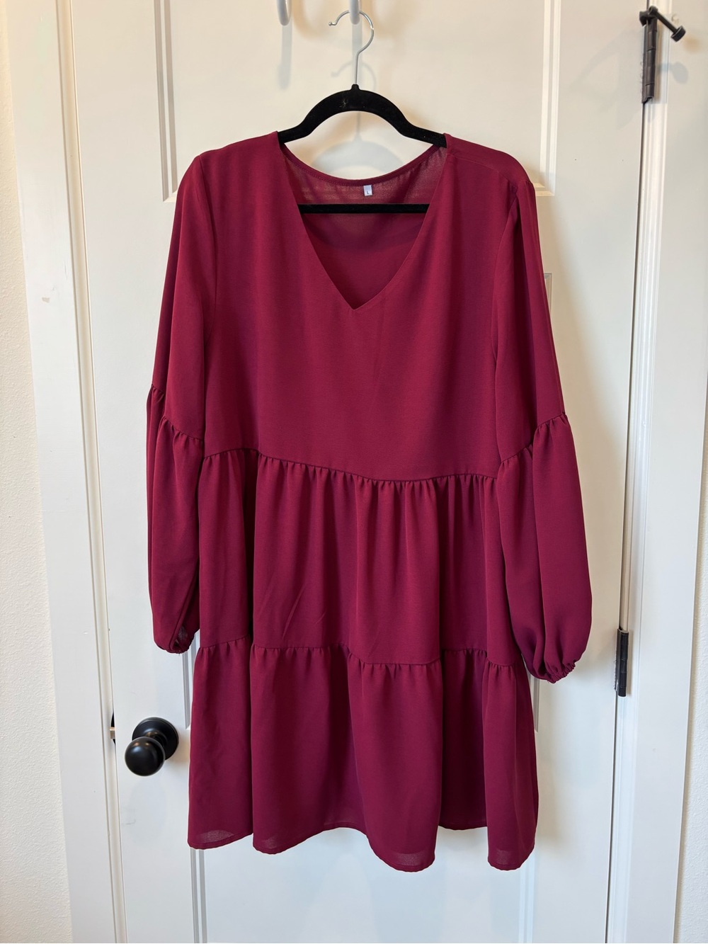Long Sleeve V-Neck Tiered Dress in Burgundy